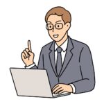パソコンを使いながら説明するスーツ男性のシンプルなフリーイラスト